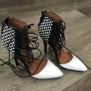 New black and white weave heels